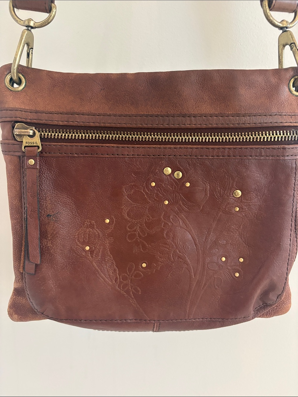 Fossil Sasha British Tan Floral Embossed Leather Crossbody Purse